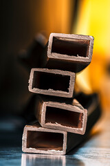 Recycled copper profiles, industrial non-ferrous metal scrap in close-up view