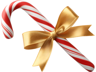 Red and white striped candy cane with golden bow isolated on transparent background, symbolizing Christmas sweetness and holiday spirit.