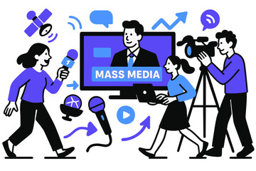 Fototapeta premium Modern Newsroom Vibes. Mass media. A modern newsroom with glowing screens, microphones, and satellite icons,