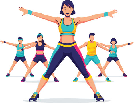 Energetic Group Aerobics Class Led by Cheerful Female Instructor Fitness Concept