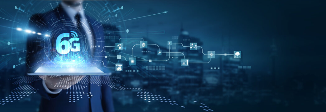 Businessman analyzing using tab data on 6G technology. Next-generation wireless network, ultra-speed connectivity, intelligent automation, real-time data, AI integration, and immersive digital world. - Powered by Adobe