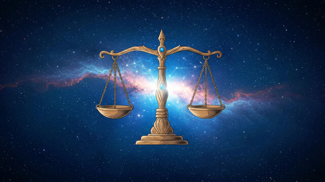 Libra zodiac sign, the scales of justice, illustrated in a celestial outer space background with nebulae and shining stars for astrology and horoscope.