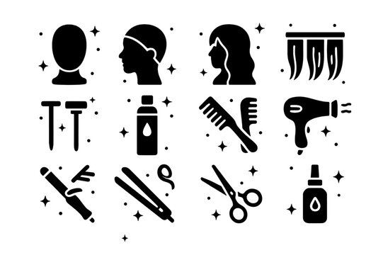 Cosplay Wig Styling Icons. Wig styling for cosplay. Solid icons set of Wig styling for cosplay: wig head, wig cap, lace front wig, hair wefts,