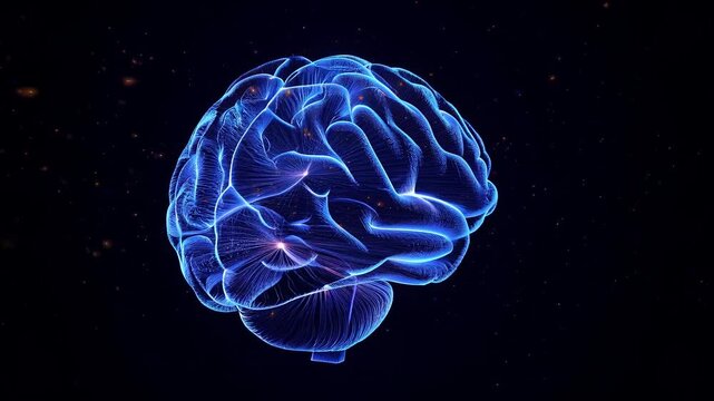 The glow of neural activity is a blue brain on a black background.