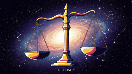 Golden libra scales set against a cosmic background with a swirling galaxy. Zodiac sign illustration for horoscope, astrology, or spiritual content.