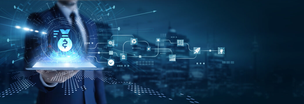 Businessman analyzing using tab data on budget. Financial planning, expense tracking, cost optimization, revenue forecasting, cash flow management, and performance reporting.