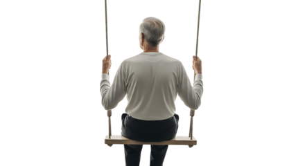 Elderly man with gray hair sitting on a wooden swing holding ropes isolated on a transparent background