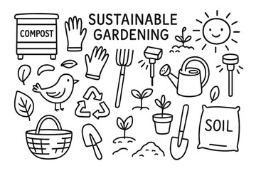 Sustainable Gardening Elements. Sustainable gardening. Hand-drawn doodle illustration sustainable gardening compost bin, watering can, gloves, rake, seedlings,