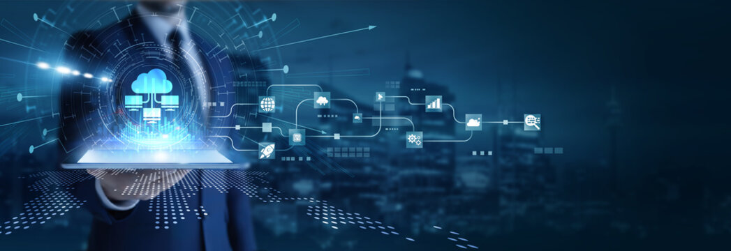 Businessman analyzing using tab data on cloud computing. Data storage, virtual servers, scalable infrastructure, online collaboration, and digital transformation solutions.