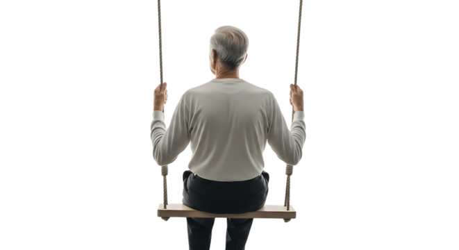 Elderly man with gray hair sitting on a wooden swing holding ropes isolated on a transparent background