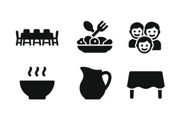 Community Dining Icons. Community dining. Filled icon set of community dining: long table, multiple chairs,