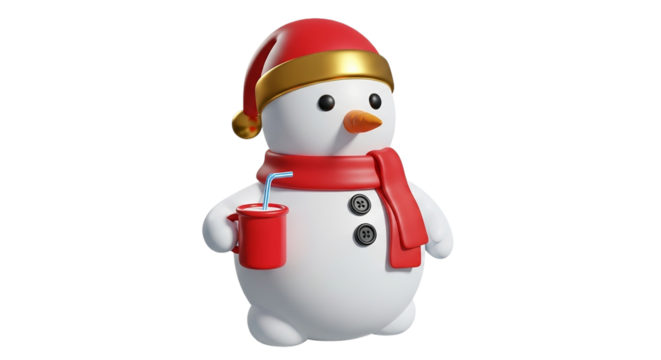 A cheerful snowman sipping hot cocoa ready for winter festivities spreading joy and warmth in on transparent background