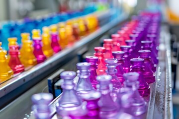 Obraz premium Colorful bottles on a production line in a factory