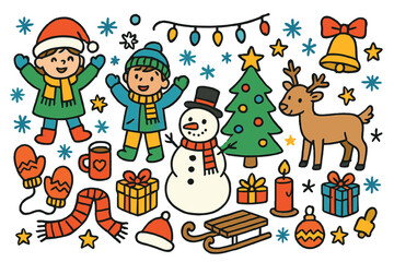 Fototapeta premium Winter Wonderland Celebration. winter celebration. Colorful Hand-drawn doodle Children illustration winter celebration snowman, Christmas tree, gifts, candle,