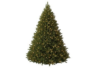 A beautifully decorated christmas tree with warm white lights, isolated on a transparent background