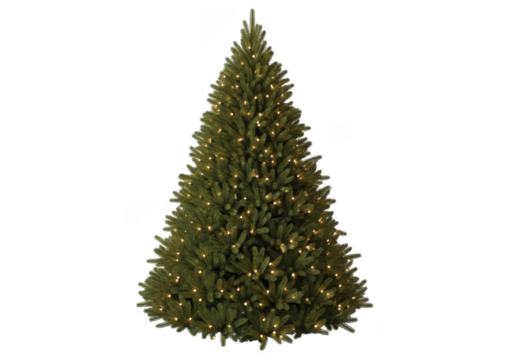 A beautifully decorated christmas tree with warm white lights, isolated on a transparent background
