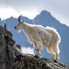A majestic white goat stands confidently atop a rocky summit