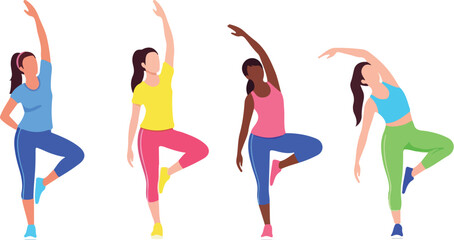 Diverse Group of Women Practicing Yoga Tree Pose and Side Bend for Fitness Illustration