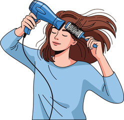Woman Drying and Styling Brown Hair with Hair Dryer and Round Brush Vector Illustration