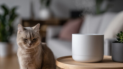 White humidifier or essential oil diffuser on wooden table in living room