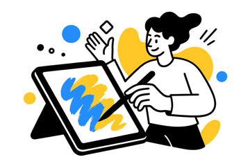 Colorful Digital Artistry. Creating digital art. A stylized illustration of a tablet with vibrant brushstrokes, colors blending together, and a creative person