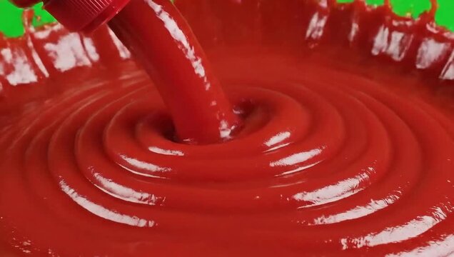 Pouring thick tomato ketchup or sauce in slow motion on a green screen for a food concept.
