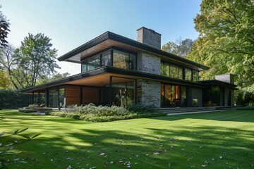 Modern house surrounded by lush greenery