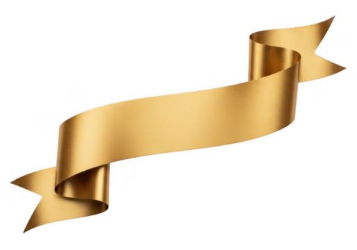 A luxurious golden ribbon banner, elegantly curved and isolated on a pure transparent background