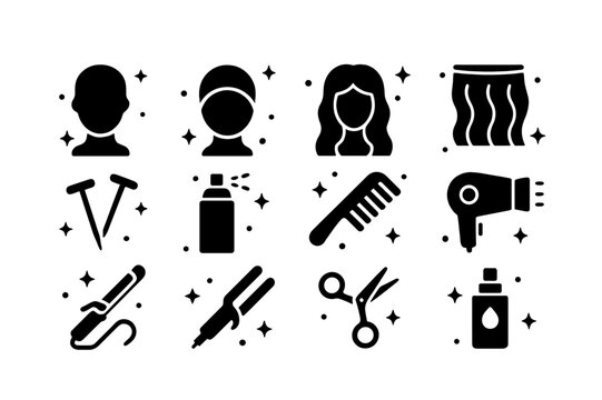 Cosplay Wig Styling Icons. Wig styling for cosplay. Solid icons set of Wig styling for cosplay: wig head, wig cap, lace front wig, hair wefts,