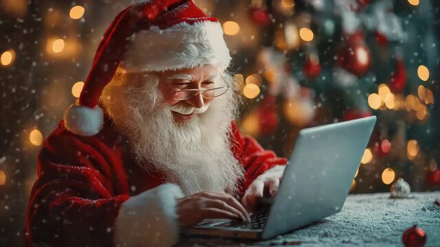 Santa Claus sits at his desk smiling as he types on a laptop, checking children's online wish lists beside a twinkling Christmas tree, snow falling outside the window
