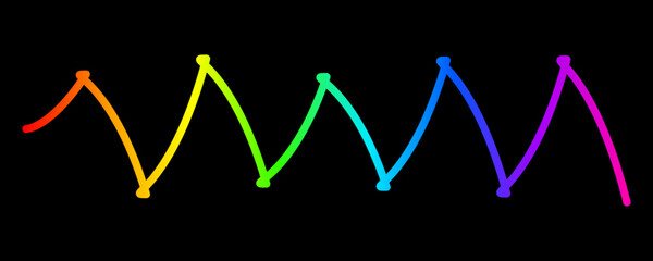 Rainbow colored zigzag line with dots on black background