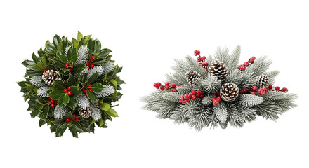 Two festive Christmas arrangements of holly and snow kissed pine evoke holiday cheer and on transparent background