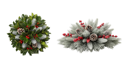 Two festive Christmas arrangements of holly and snow kissed pine evoke holiday cheer and on transparent background