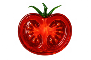 Glossy red tomato cross-section, showing fresh pulp and seeds, ripe healthy organic vegetable, transparent background