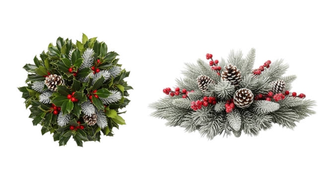 Two festive Christmas arrangements of holly and snow kissed pine evoke holiday cheer and on transparent background