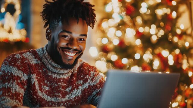 Cheerful African American man working on a laptop in a cozy cafe, smiling as he types with a festive Christmas tree and warm bokeh lights in the background