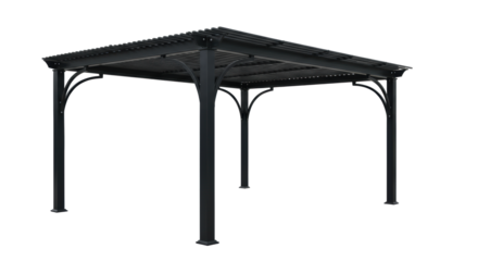 A sleek, modern black metal pergola with a uniform slatted roof and robust cylindrical posts, elegant curved braces, against a pristine transparent background, studio product design concept
