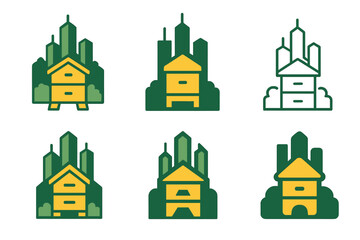 Fototapeta premium Rooftop Beekeeping Logos. Suburban beekeeping with urban landscapes. Set Logo of Suburban beekeeping with urban landscapes: rooftop apiary with skyscrapers.