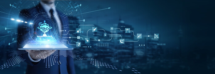 Businessman analyzing using tab data on space technology. Satellite communication, orbital research, rocket innovation, aerospace engineering, and global navigation systems.