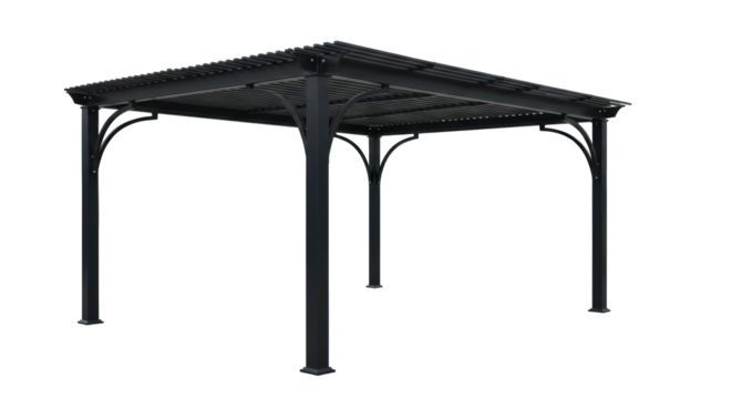 A sleek, modern black metal pergola with a uniform slatted roof and robust cylindrical posts, elegant curved braces, against a pristine transparent background, studio product design concept