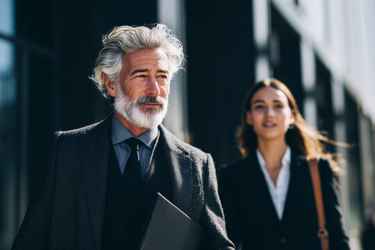 A man and a woman are walking down a street
