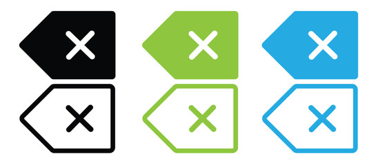 Cross mark arrow icon set in black, green, and blue modern flat vector design for cancel, close, or remove symbols used in web interfaces, apps, and digital layouts