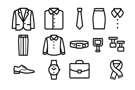Formal Fashion Icons. Formal fashion. Line outline icon set of formal fashion: suit jacket, dress shirt, tie,