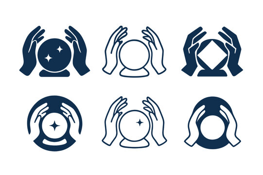 Crystal Ball Logo Variations. Crystal ball. Icon set. Set Logo of Crystal ball: fortune-teller hands. harmonious logo variations of the same emblematic