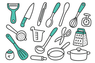Fototapeta premium Cartoon Cooking Tools. // Cooking tools. Hand-drawn doodle illustration cooking tools [vegetable peeler (accented), chef?s knife (accented), tongs, ladle,