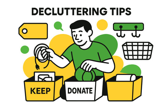 Organized Living Illustration. Decluttering tips. A person sorting items into bins, abstract floating icons of