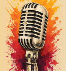 Vintage Microphone with Abstract Paint Splatter Background, vintage microphone, retro mic, classic microphone, old school mic, music microphone art, vocal mic illustration, microphone silhouette,