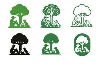 Farmer's Respite Emblems. A farmer and his dog taking a break under the shade of a tree. Set Logo of A farmer and his dog taking a break under the shade of a