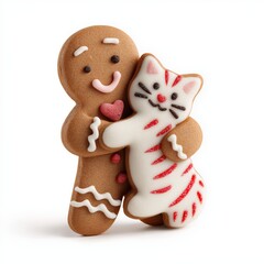 &ldquo;Gingerbread Man Hugging a Kitten Pastel Christmas Cookie&rdquo; A gingerbread man hugging a kitten, forming a pastel Christmas cookie pair, featuring delicate icing whiskers, implied candy cane details 