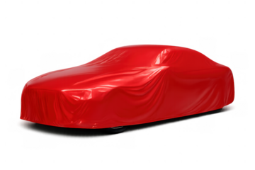 Car covered with red cloth presenting a new model unveiling, a surprise vehicle on transparent background